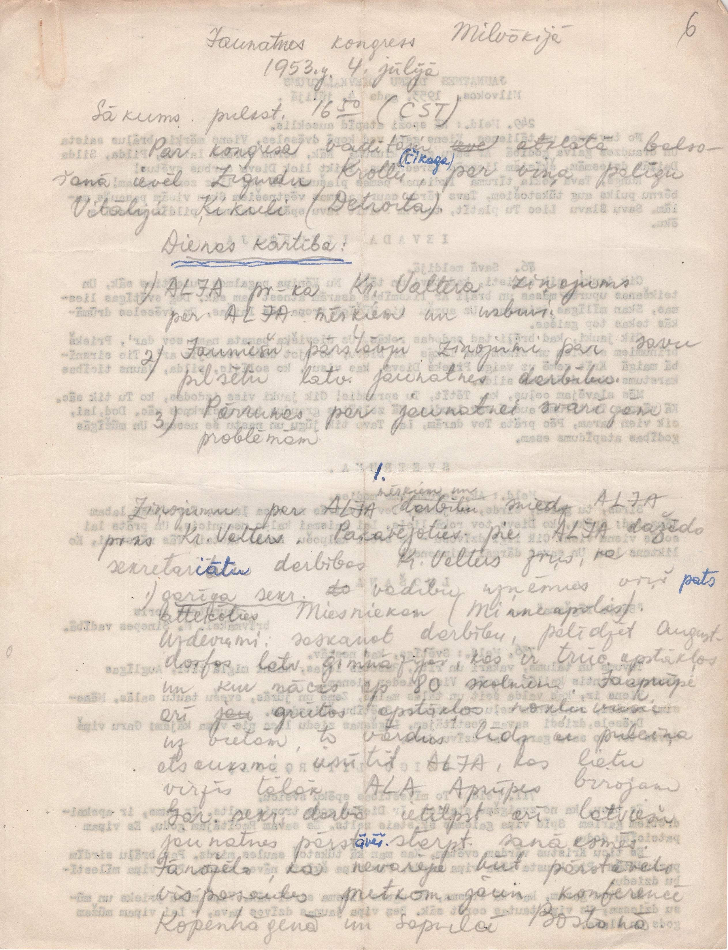 Jaunatnes kongresa protokola melnraksts, fragments, 1953. gada 4. jūlijs.