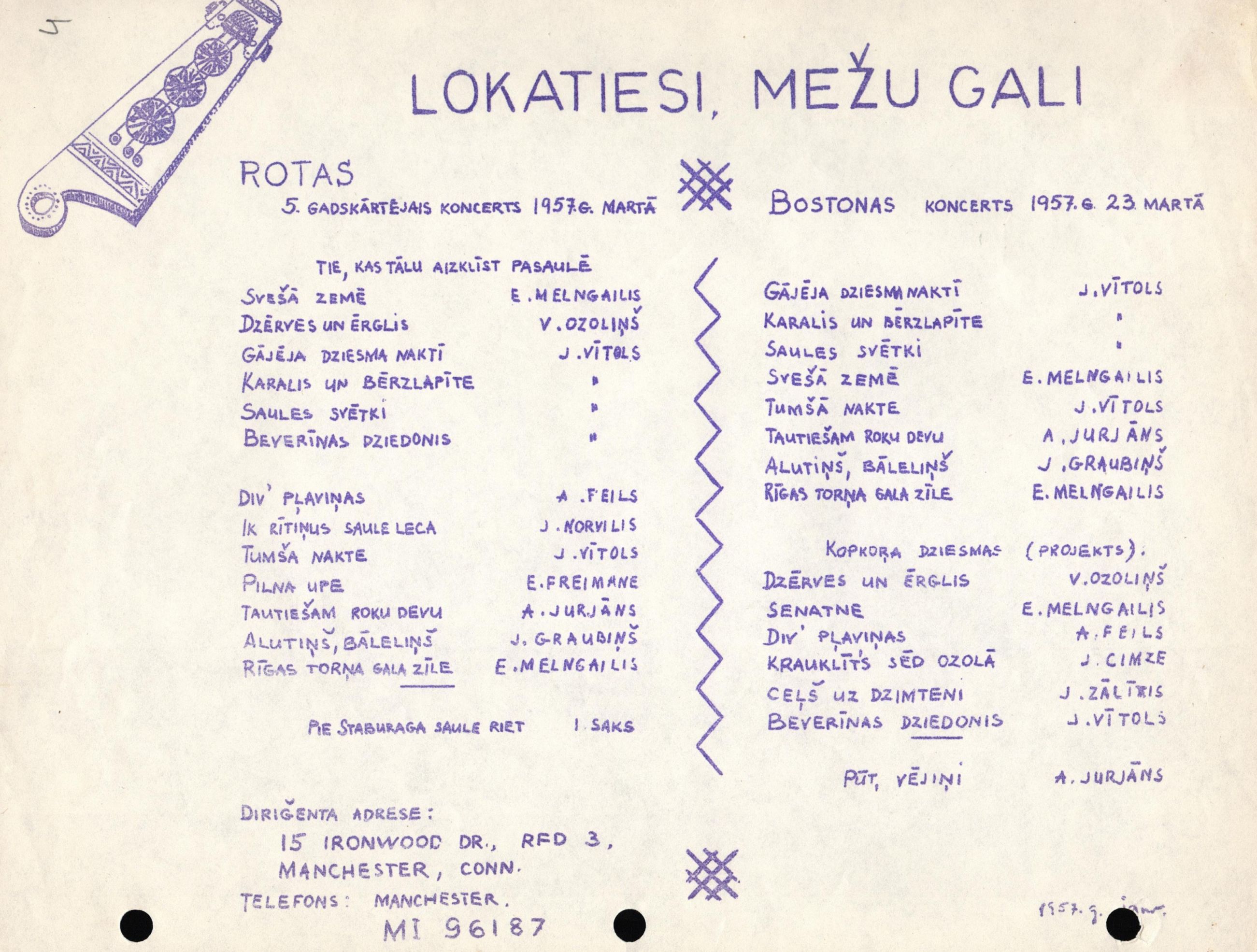 Konektikutas latviešu kora "Rota" 5. gadskārtējā koncerta 1957. gada martā un koncerta Bostonā 1957. gada 23. martā programma. Diriģents Valdis Auziņš.
