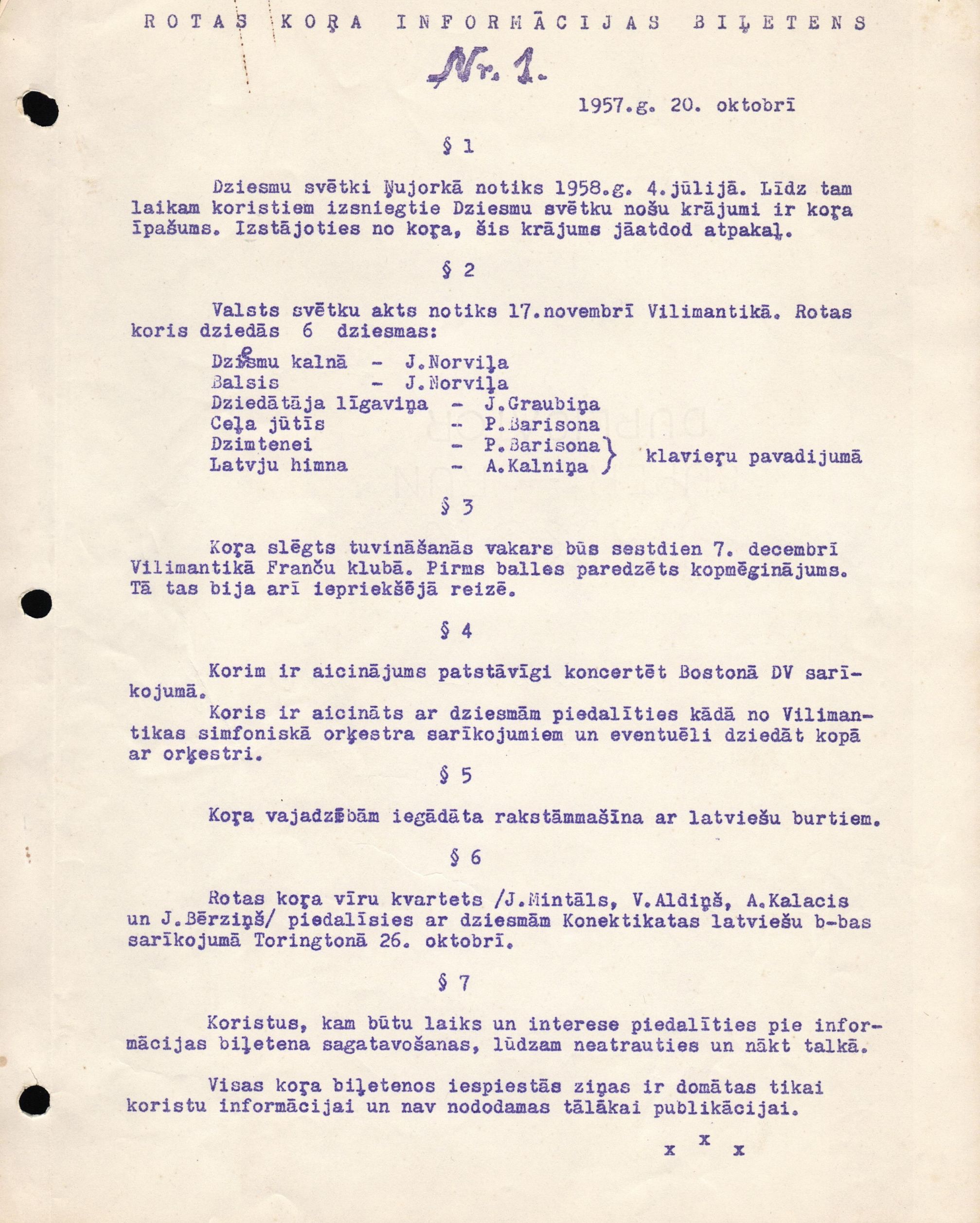 Konektikutas latviešu kora "Rota" informācijas biļetens. Nr. 1. 1957. gada 20. oktobris.