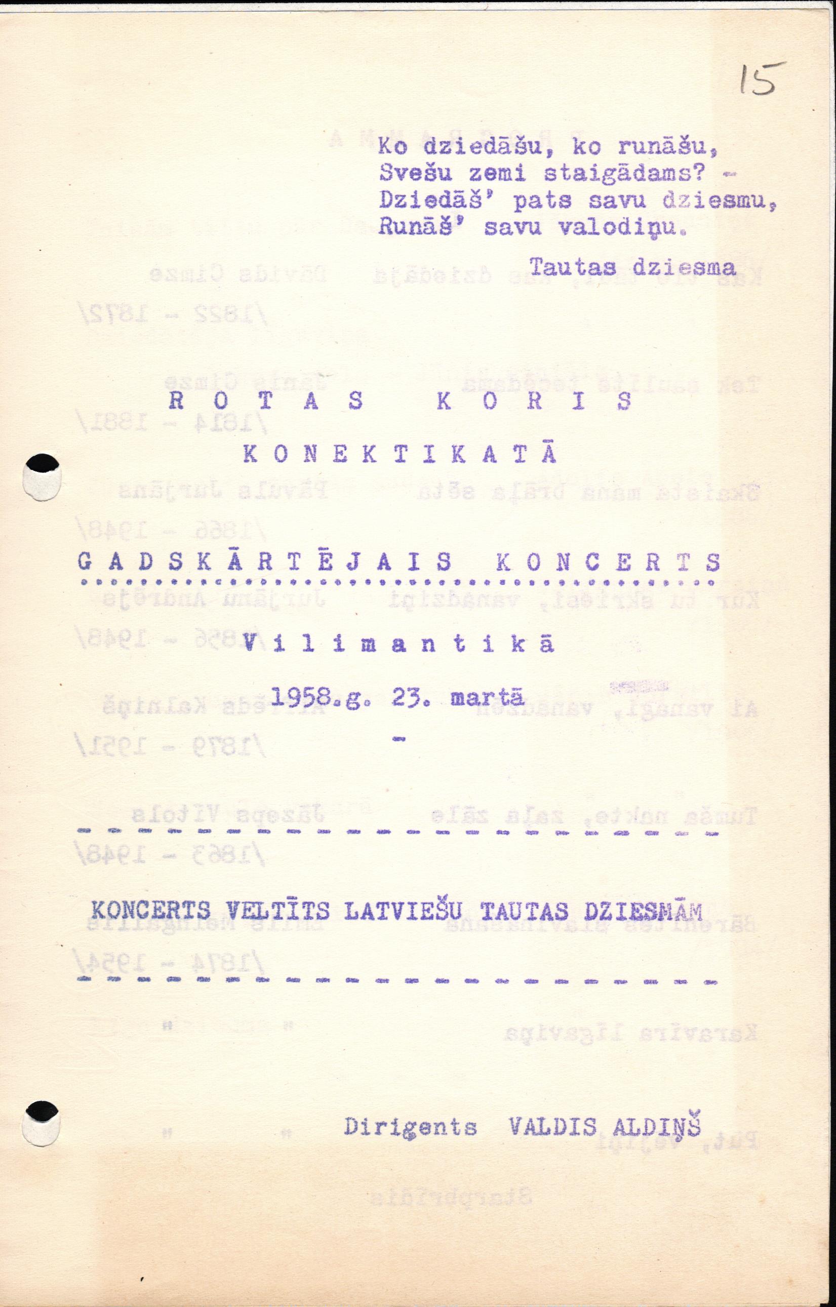 Konektikutas latviešu kora "Rota" gadskārtējā koncerta 1958. gada 23. martā Vilimantikā, kas veltīts latviešu tautas dziesmām, programma. Diriģents Valdis Auziņš.