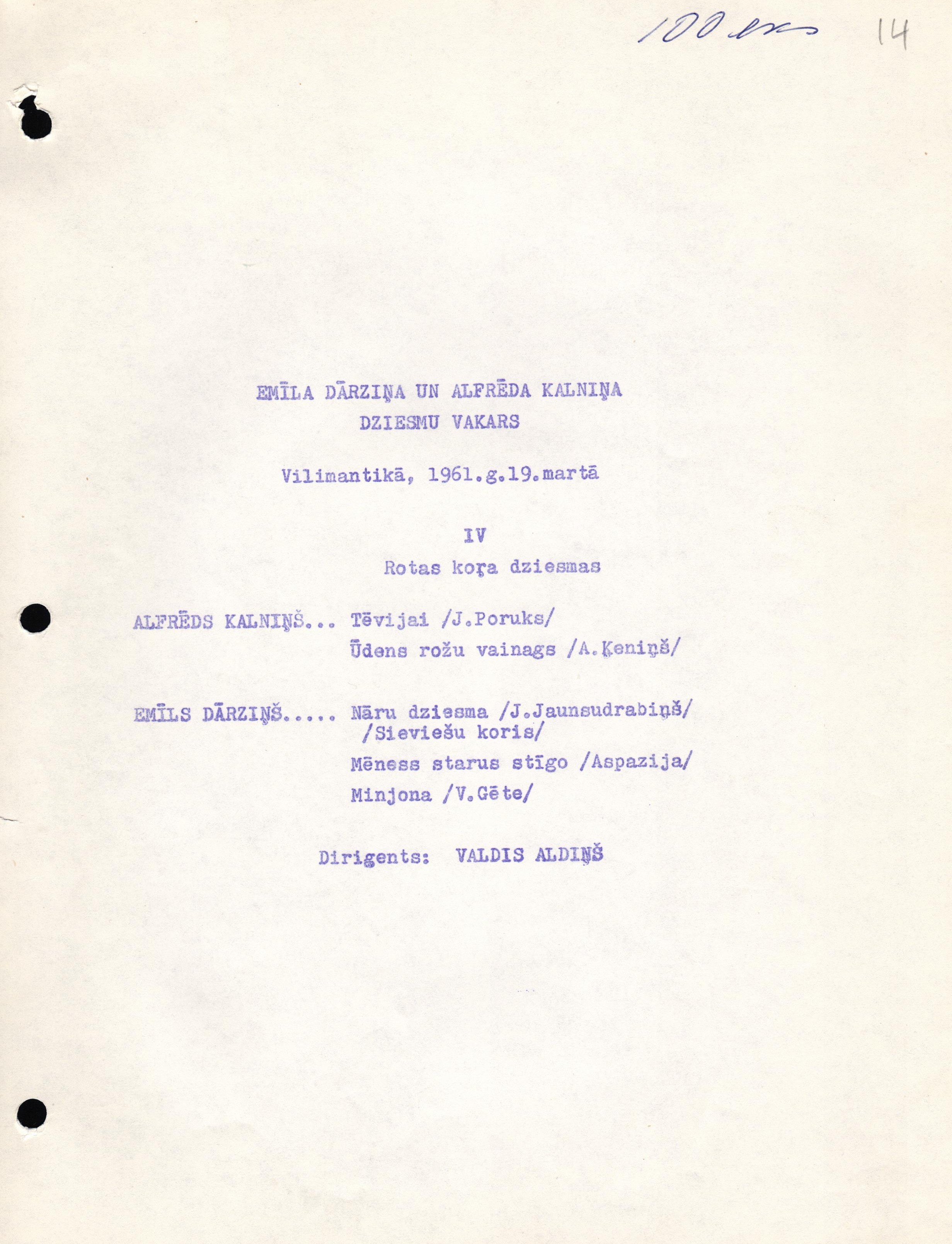 Reklāmas lapa par Emīla Dārziņa un Alfrēda kalniņa dziesmu vakaru Vilimantikā 1961. gada 19. martā, kurā dziedāja arī Konektikutas latviešu koris "Rota". Diriģents Valdis Aldiņš.