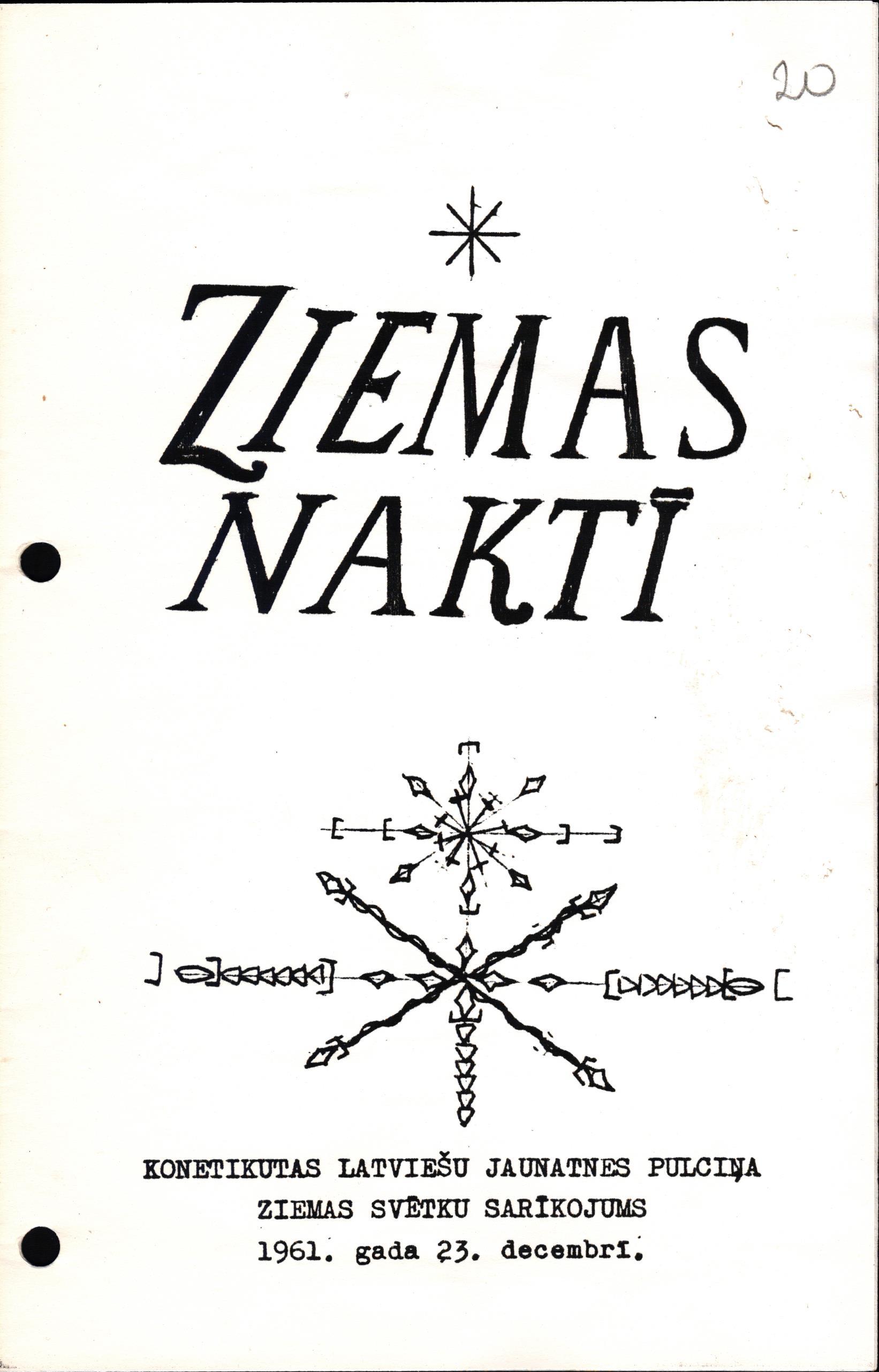 Konektikutas Latviešu jaunatnes pulciņa Ziemassvētku sarīkojuma "Ziemas naktī", kurā dziedāja Konektikutas latviešu kora "Rota" sieviešu koris, programma. 1961. gada 23. decembris.
