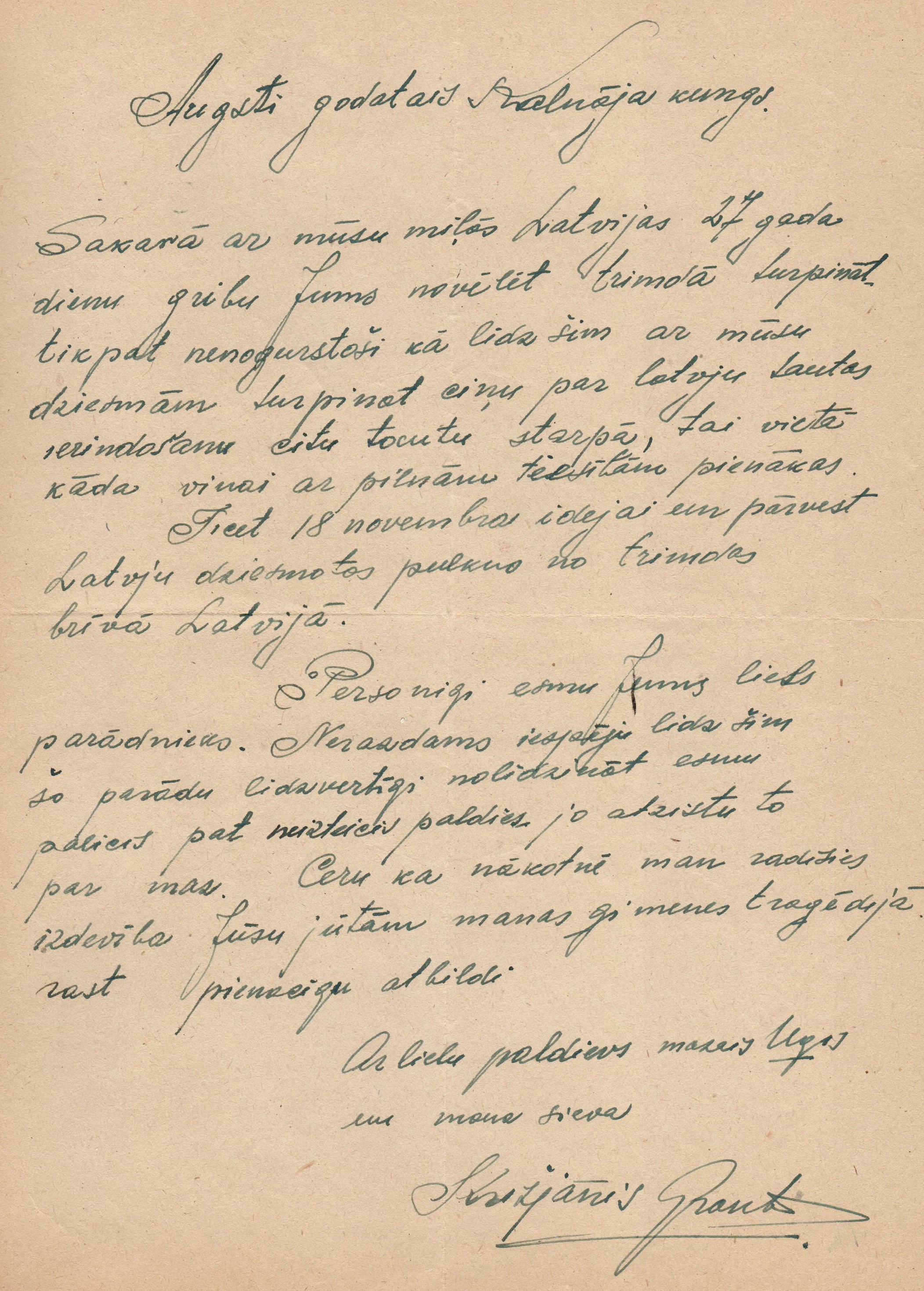 Arnoldam Kalnājam adresēta vēstule no Krišjāņa Granta. 20. gadsimta 40. gadi.