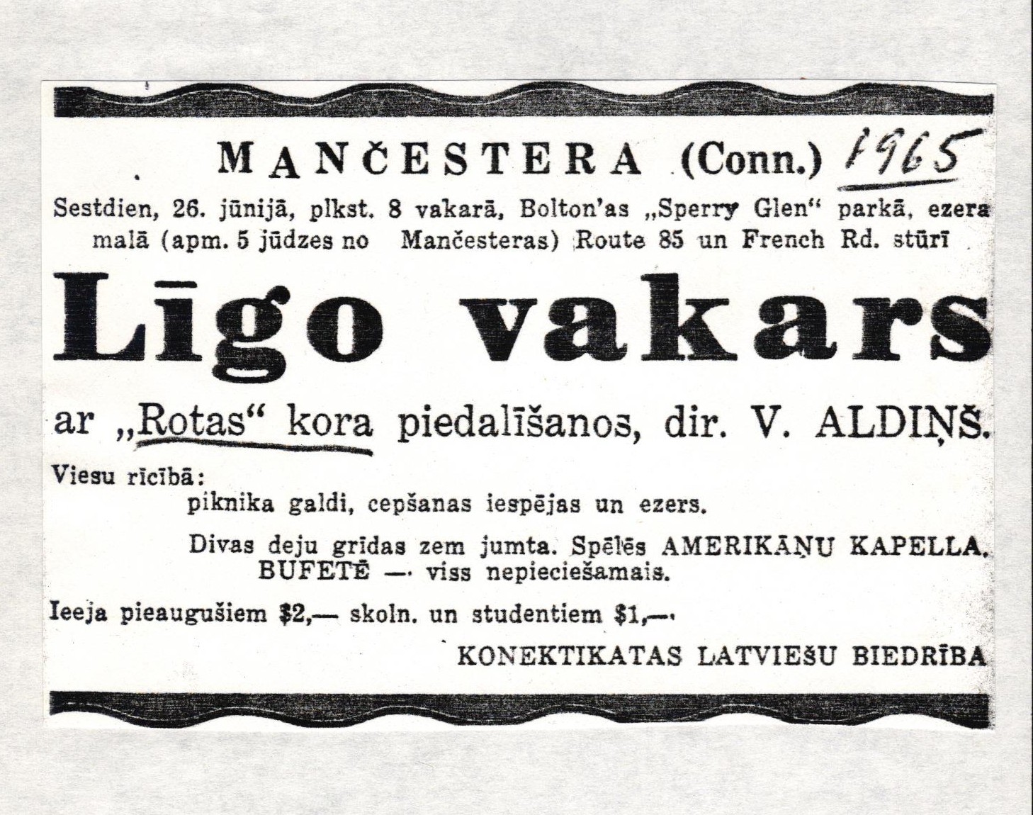 Sludinājuma par Līgo vakara pasākumu Mančesterā, ASV, ar Konektikutas latviešu kora "Rota" piedalīšanos kopija. 1965. gads.