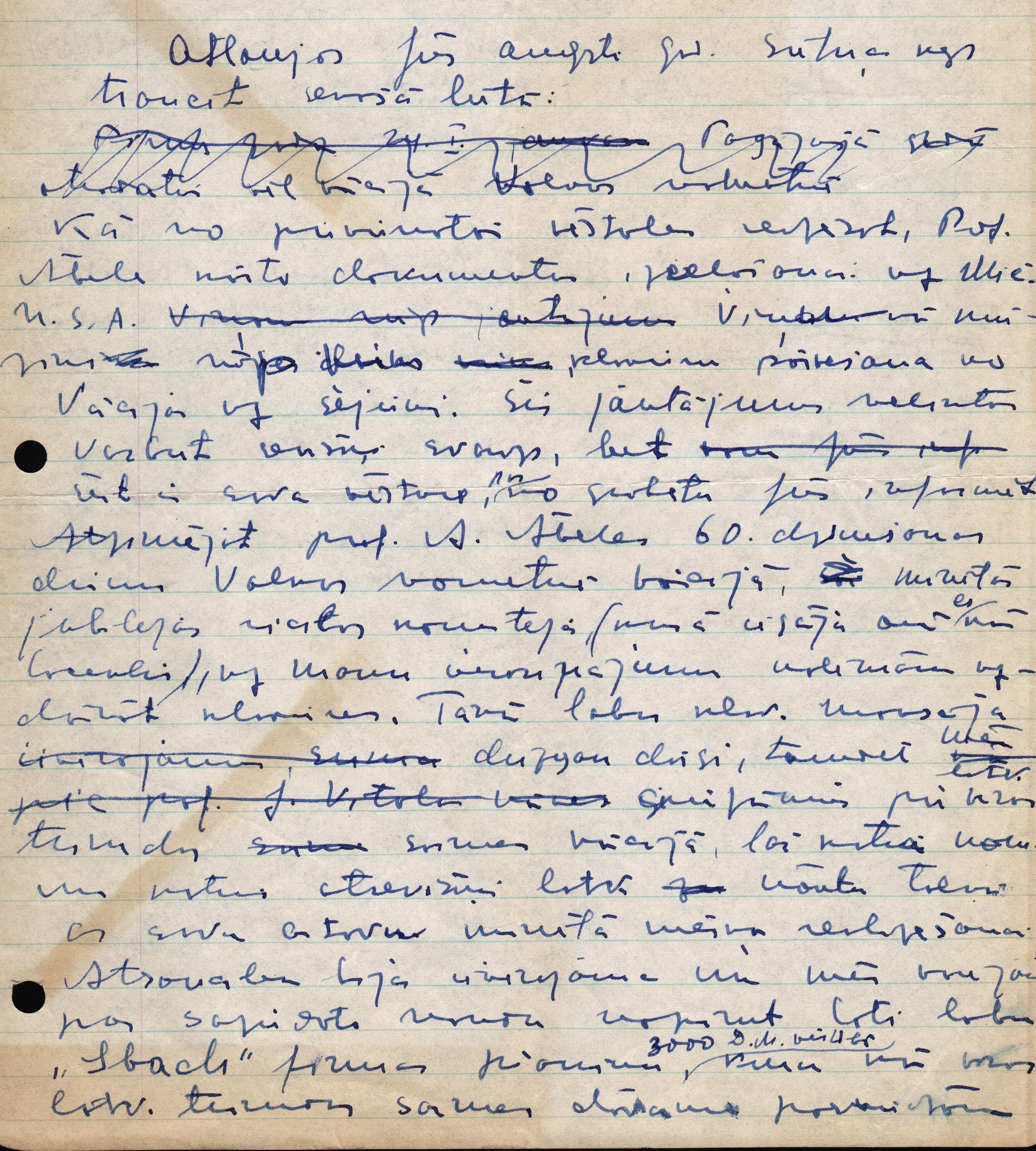 Arnolda Kalnāja rokraksts, melnraksts lūgumam par palīdzību profesora A. Ābeles klavieru pārvešanai uz ASV. (Domājams, adresēts Latvijas Republikas ārkārtējam sūtnim un pilnvarotajam ministram Amerikas Savienotajās Valstīs Alfrēdam Bīlmanim). 1949.g.