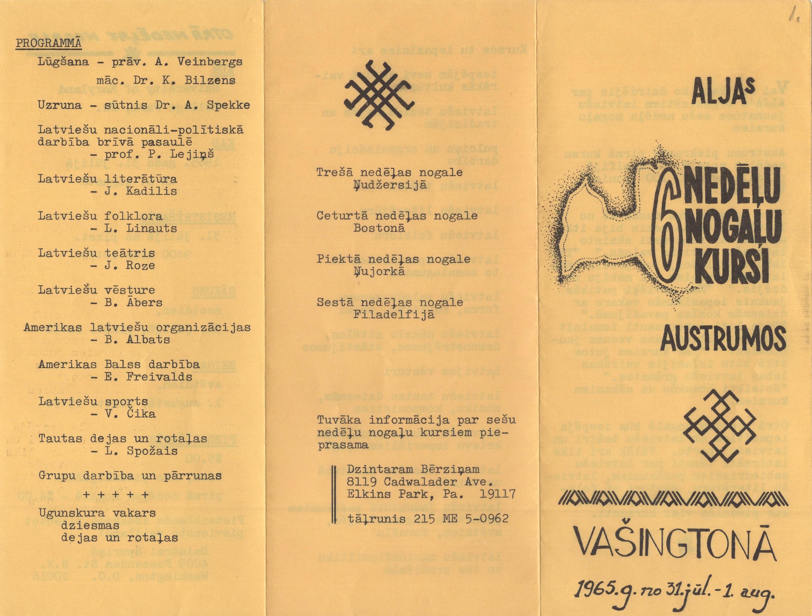Amerikas Latviešu jaunatnes apvienības rīkoto 6 nedēļu nogaļu kursu programma, fragments, 1965. gads.