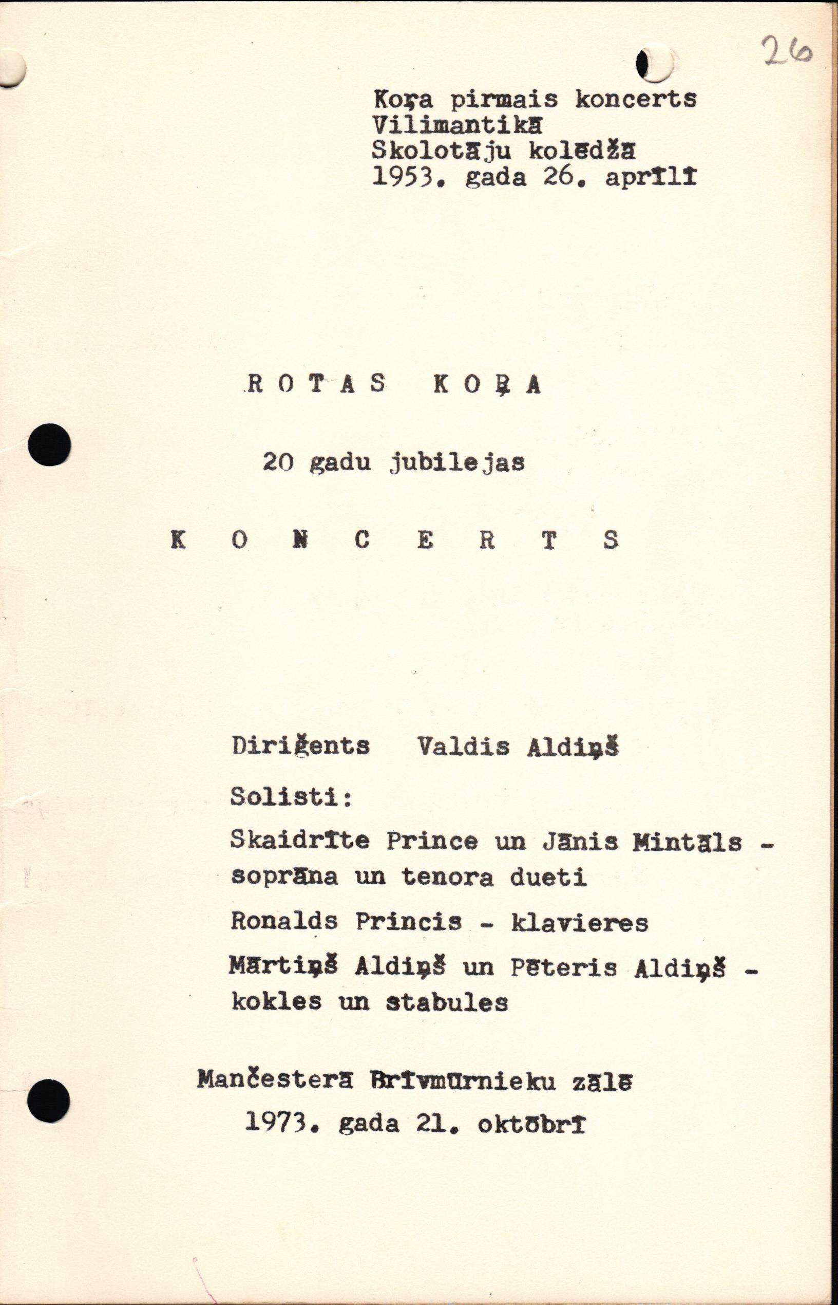 Konektikutas latviešu kora "Rota" 20 gadu jubilejas koncerta 1973. gada 21. oktobrī programma.