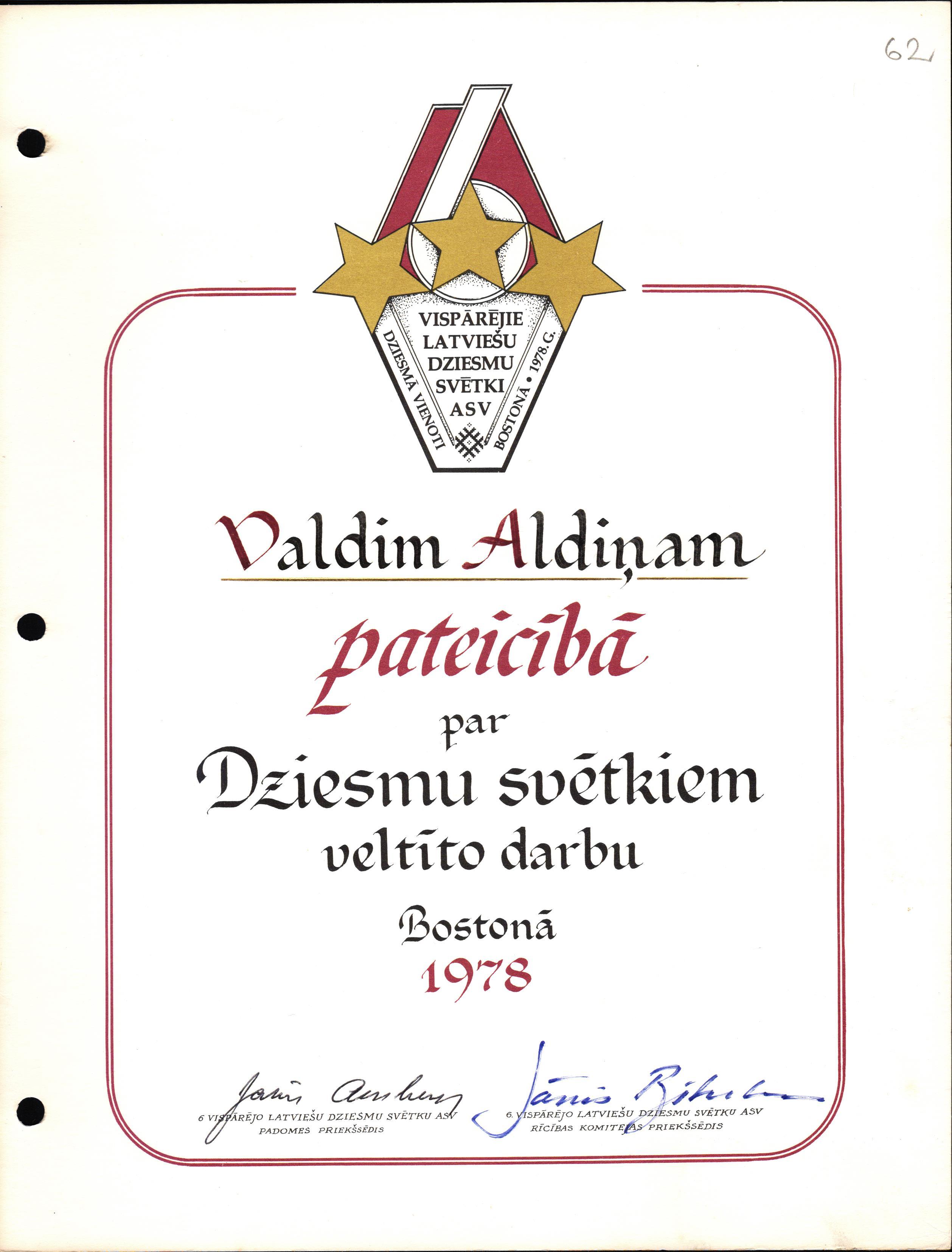 6. Vispārējo latviešu Dziesmu svētku padomes pateicība Valdim Aldiņam par dziesmu svētkiem veltīto darbu Bostonā 1978. gadā.