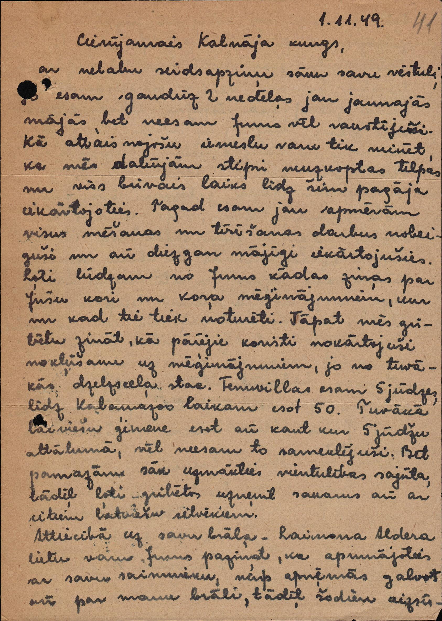 Arnoldam Kalnājam adresēta vēstule. 1949. gada 1. novembrī.