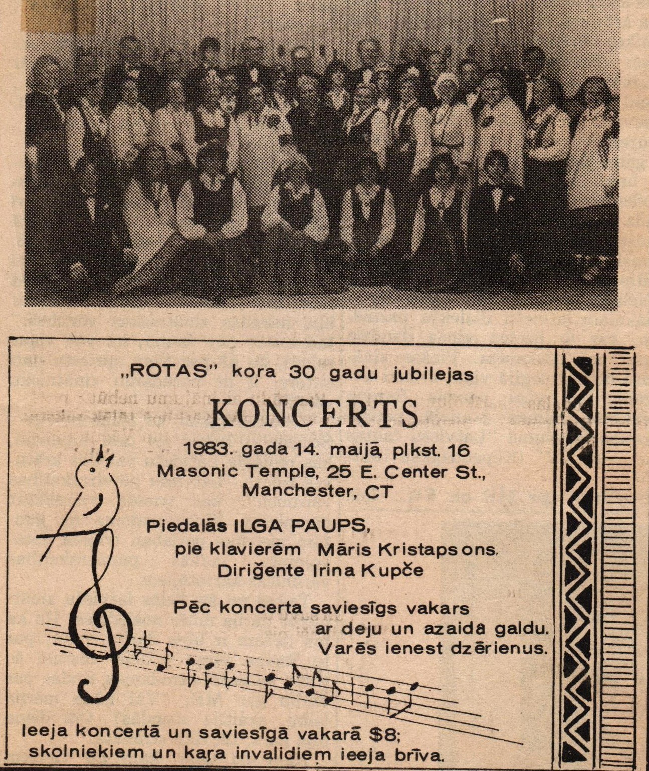 Konektikutas latviešu kora "Rota" 30 gadu jubilejas koncerta 1983. gada 14. maijā Mančesterā reklāma. Diriģente Irina Kupče.