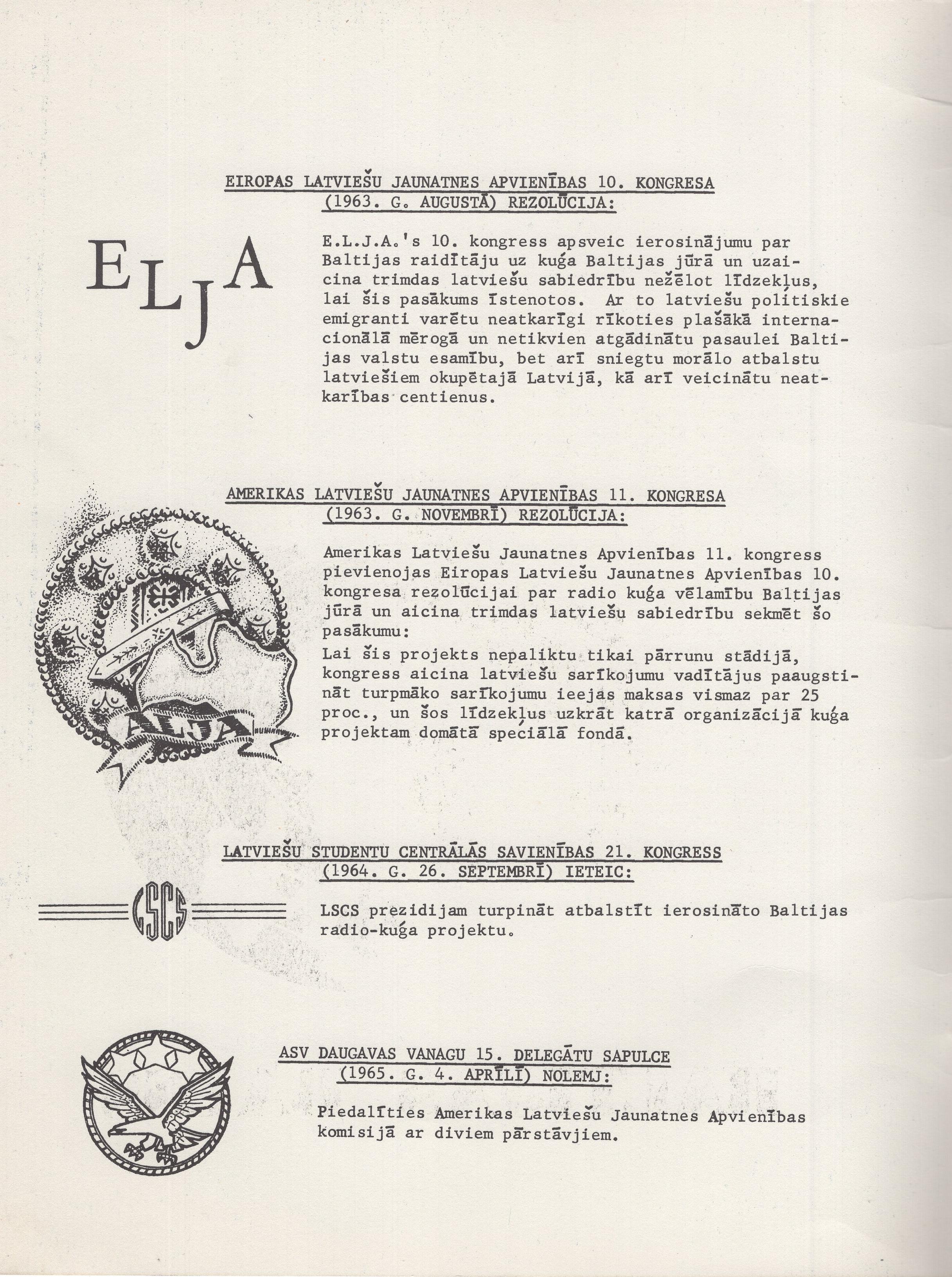 Amerikas Latviešu jaunatnes apvienības Radio kuģa komisijas brošūra, fragments, 1965. gads.