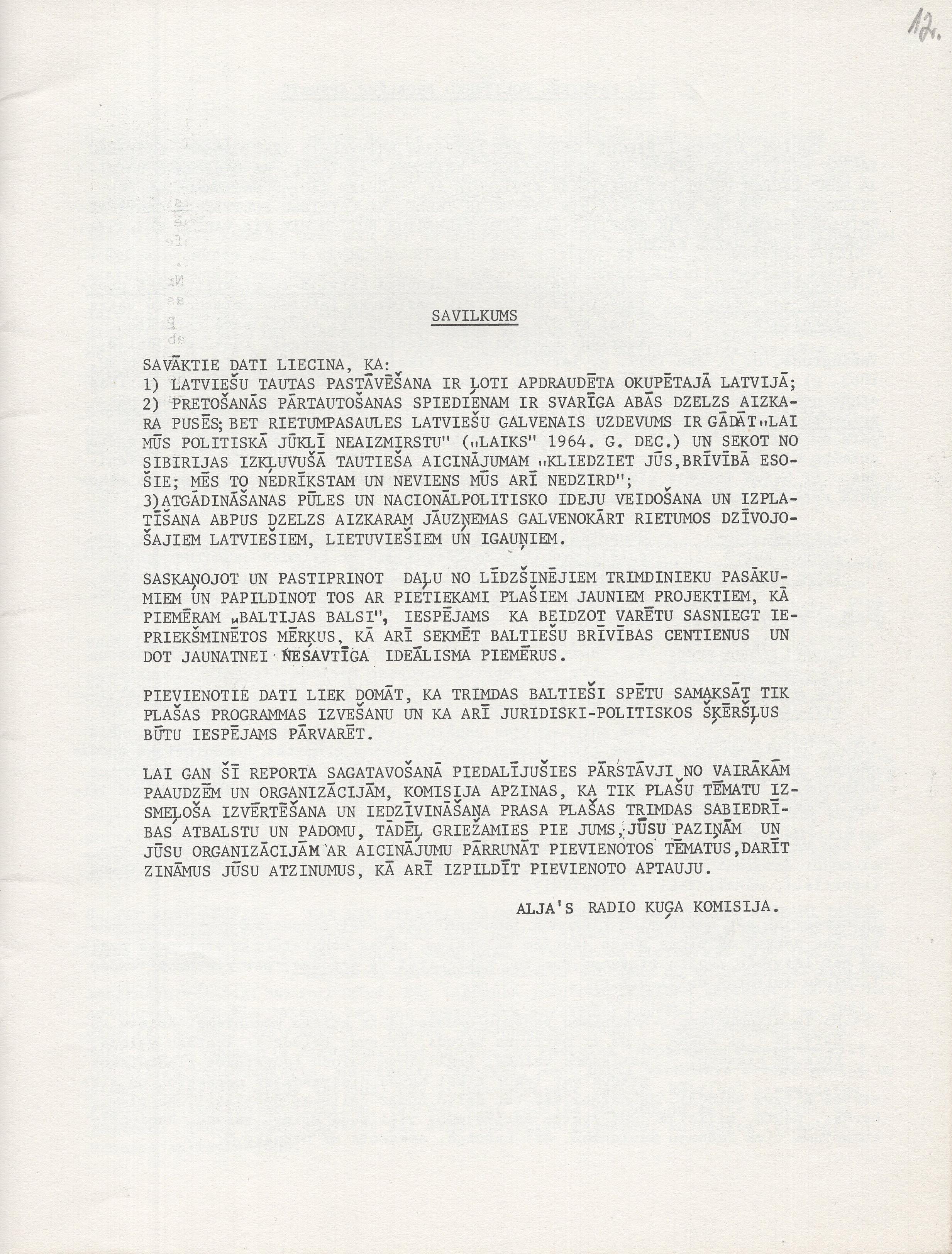 Amerikas Latviešu jaunatnes apvienības Radio kuģa komisijas brošūra, fragments, 1965. gads.