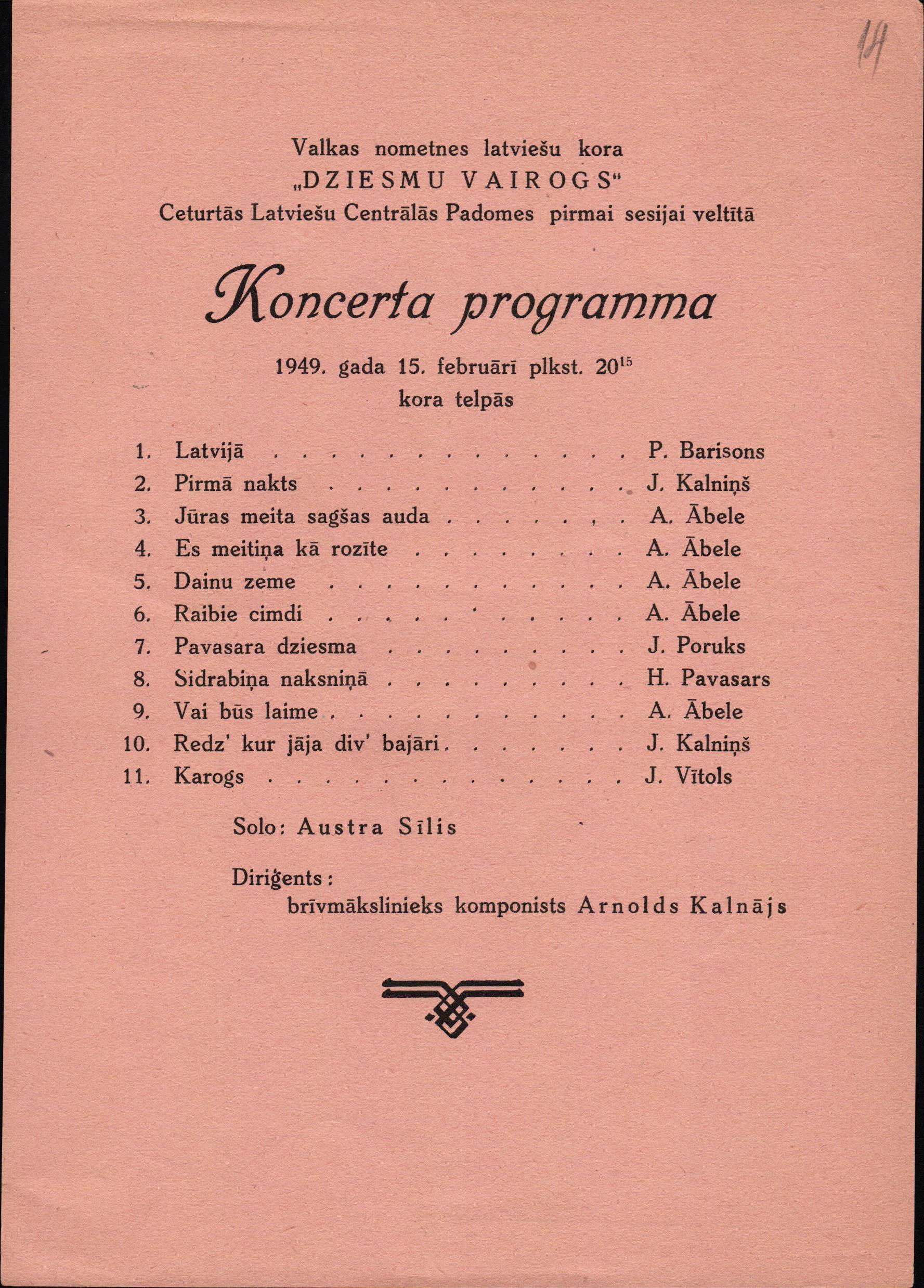 Programma kora "Dziesmu Vairogs" koncertam Vācijas bēgļu nometnē "Valka" 1949. gada 15. februārī.
