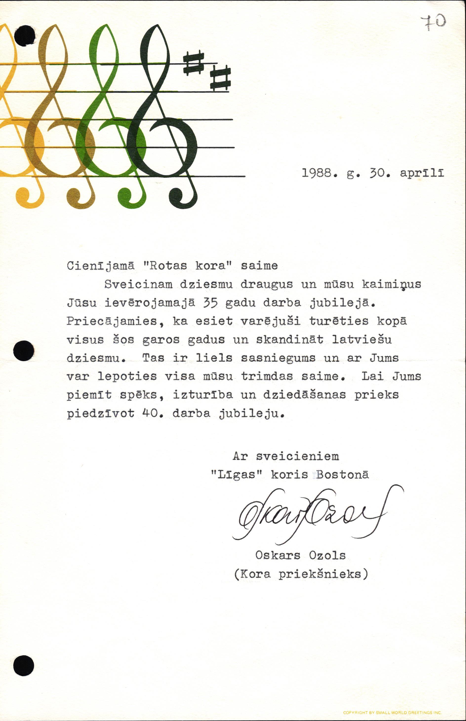 Bostonas latviešu kora "Līga" vadītāja Oskara Ozola apsveikums Konektikutas latviešu korim "Rota" saistībā ar 35 gadu jubileju. 1988. gada 30. aprīlis.