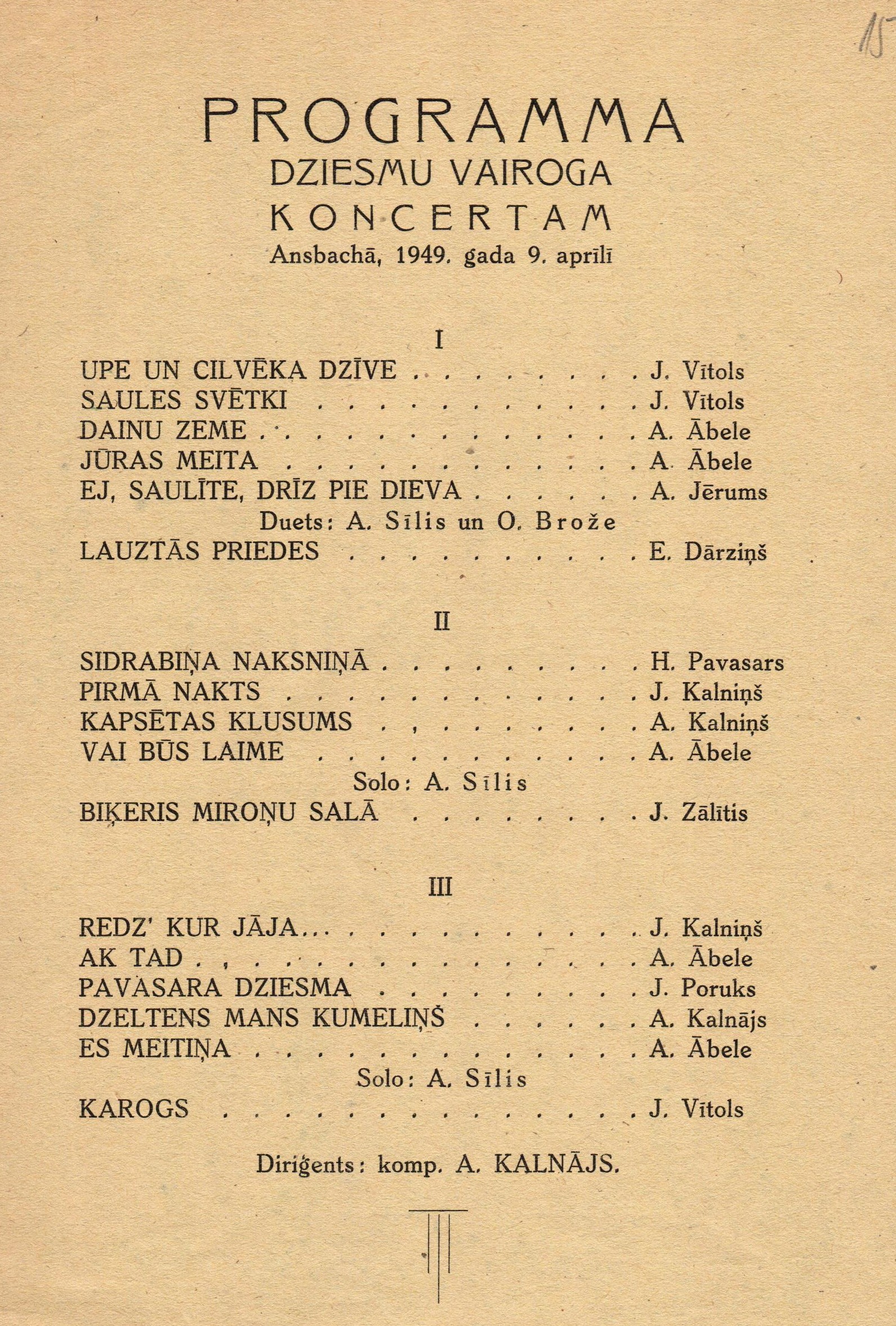 Programma kora "Dziesmu Vairogs" koncertam Vācijas Ansbahas bēgļu nometnē 1949. gada 9. aprīlī.