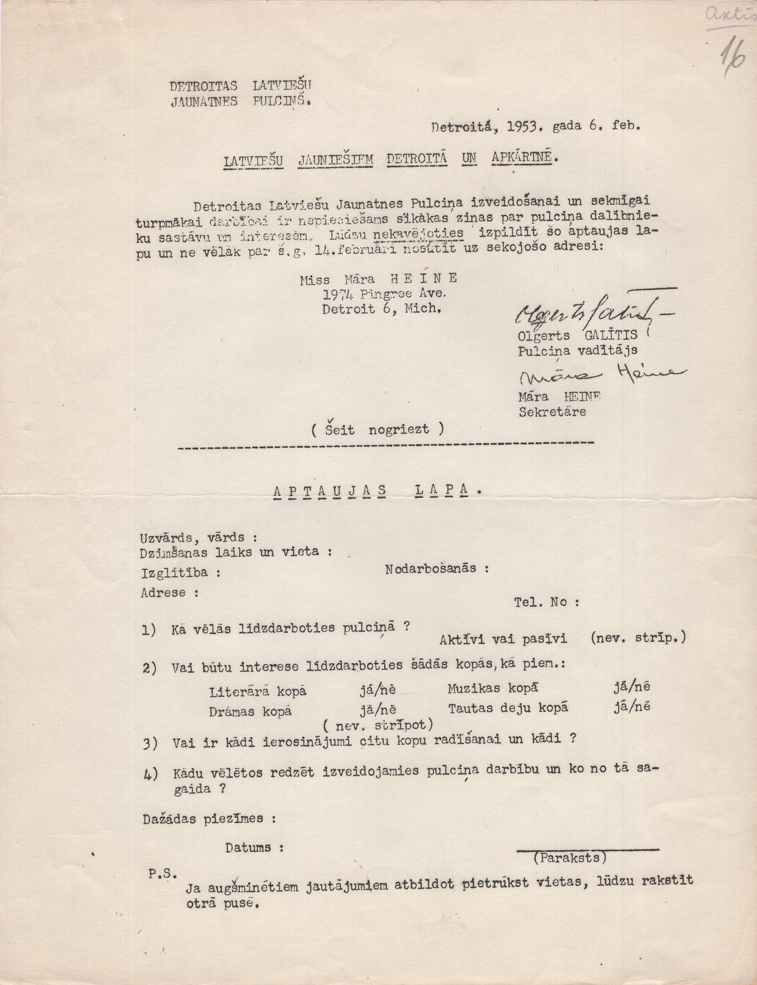 Detroitas Latviešu jaunatnes pulciņa aptaujas lapa, 1953. gada 6. februāris.