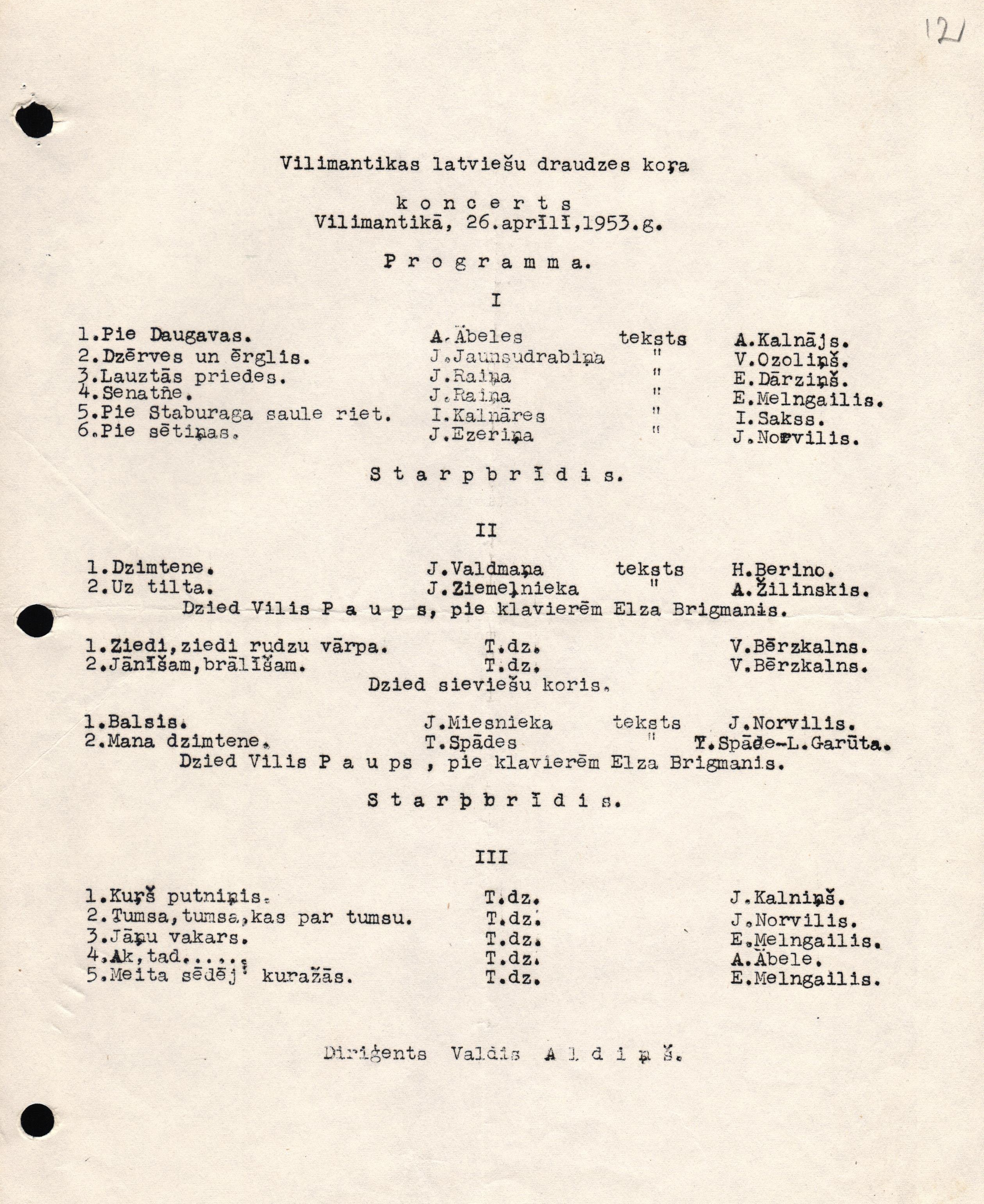 Vilimantikas latviešu draudzes kora koncerta Vilimantikā, ASV, 1953. gada 26. aprīlī programma. Diriģents Valdis Aldiņš.