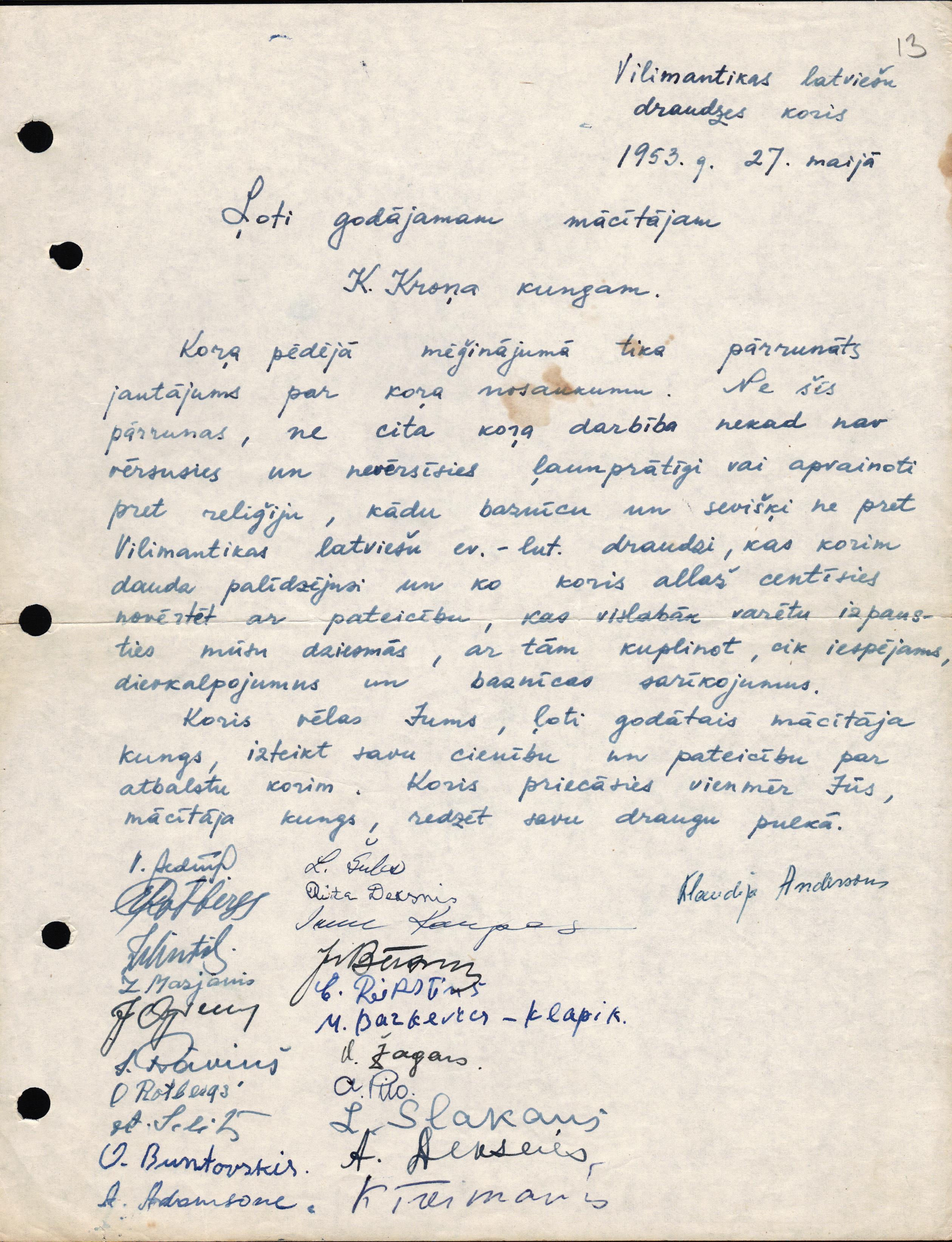 Vilimantikas latviešu draudzes kora vēstule Vilimantikas latviešu evaņģēliski luteriskās draudzes mācītājam Kārlim Kronim saistībā ar kora nosaukumu un turpmāko darbību. 1953. gada 27. maijs.