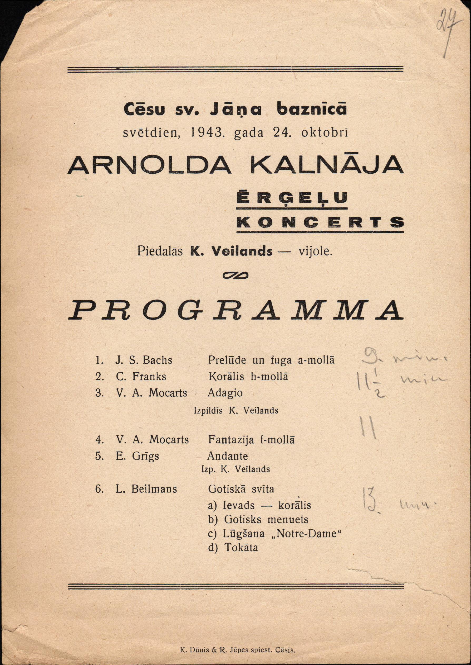 Programma Arnolda Kalnāja ērģeļu koncertam Cēsu sv. Jāņa baznīcā 1943. gada 24. oktobrī.