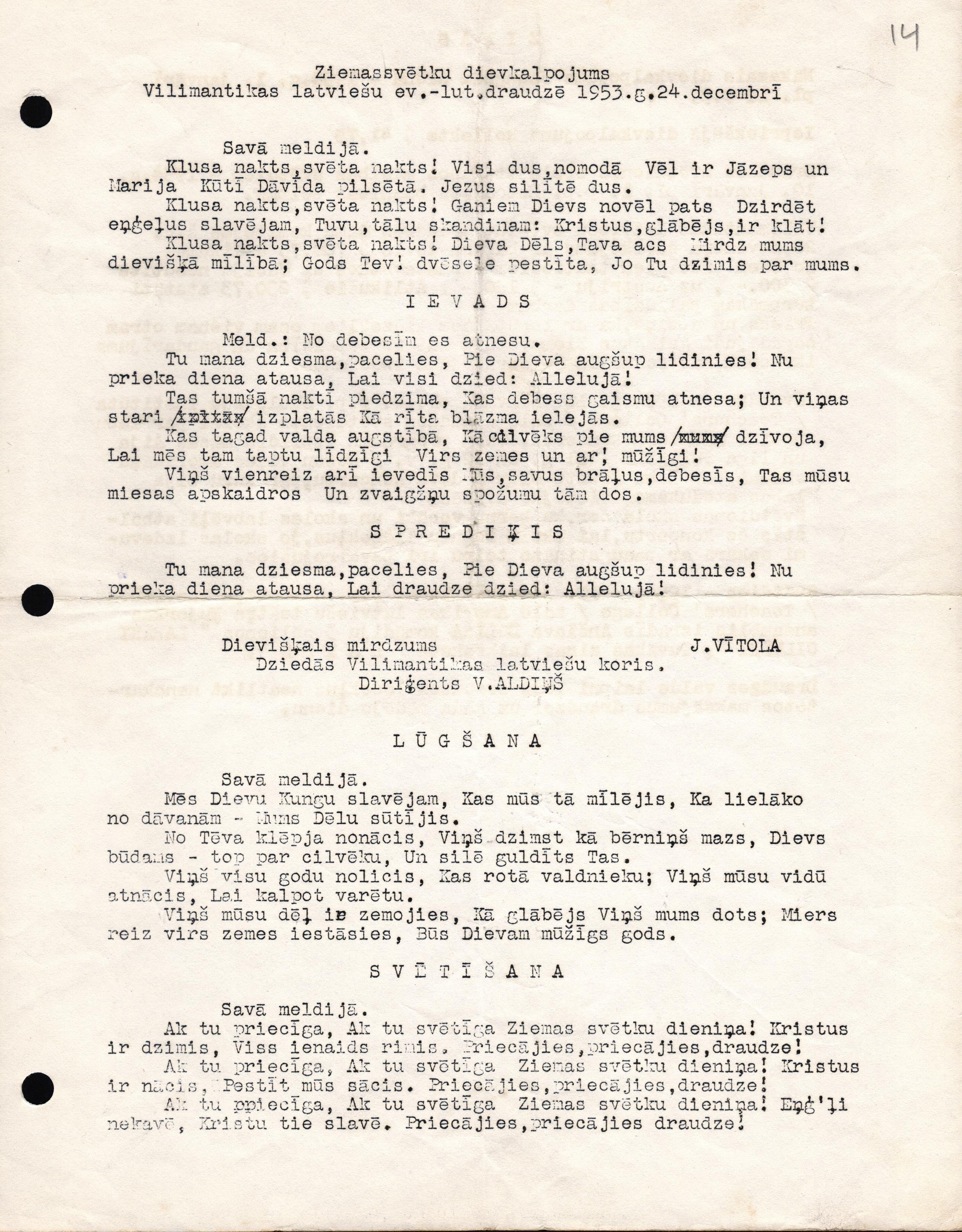 Ziemassvētku dievkalpojuma Vilimantikas latviešu evaņģēliski luteriskajā draudzē 1953. gada 24. decembrī programma. Dievkalpojumā dziedāja Vilimantikas latviešu koris (pēc nosaukuma maiņas – "Rota"). Diriģents Valdis Aldiņš.