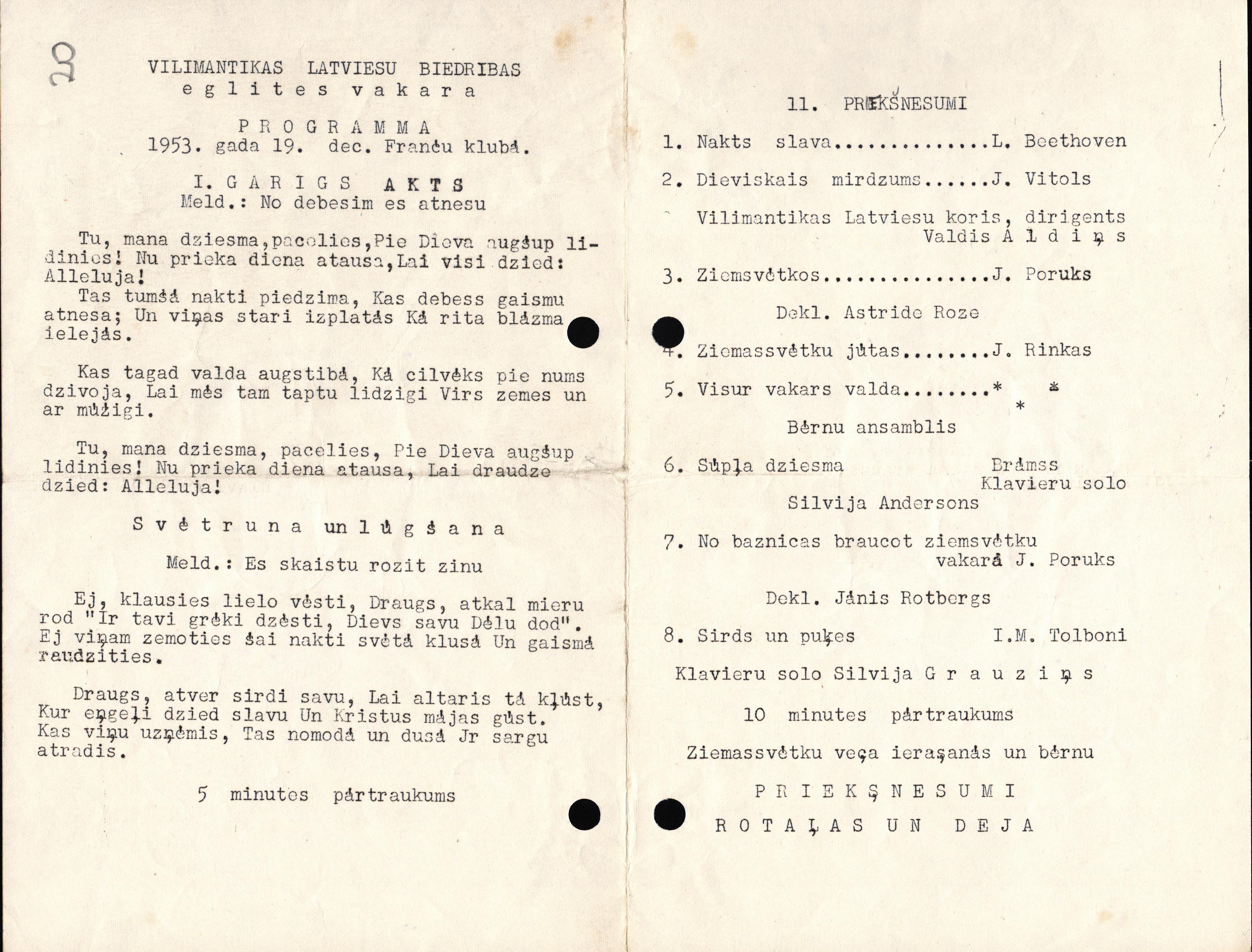 Vilimantikas Latviešu biedrības eglītes vakara 1953. gada 19. decembrī programma. Pasākumā dziedāja Vilimantikas latviešu koris. Diriģents Valdis Aldiņš.
