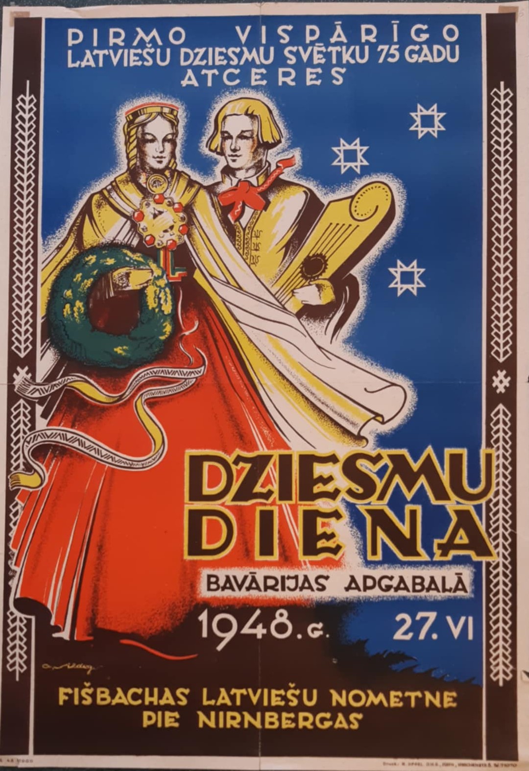 Pirmo latviešu dziesmu svētku 75 gadu atceres Dziesmu dienas Fišbahā pie Nirnbergas, Vācijā, 1948. gada 27. jūnijā afiša. (Lielformāta afiša)