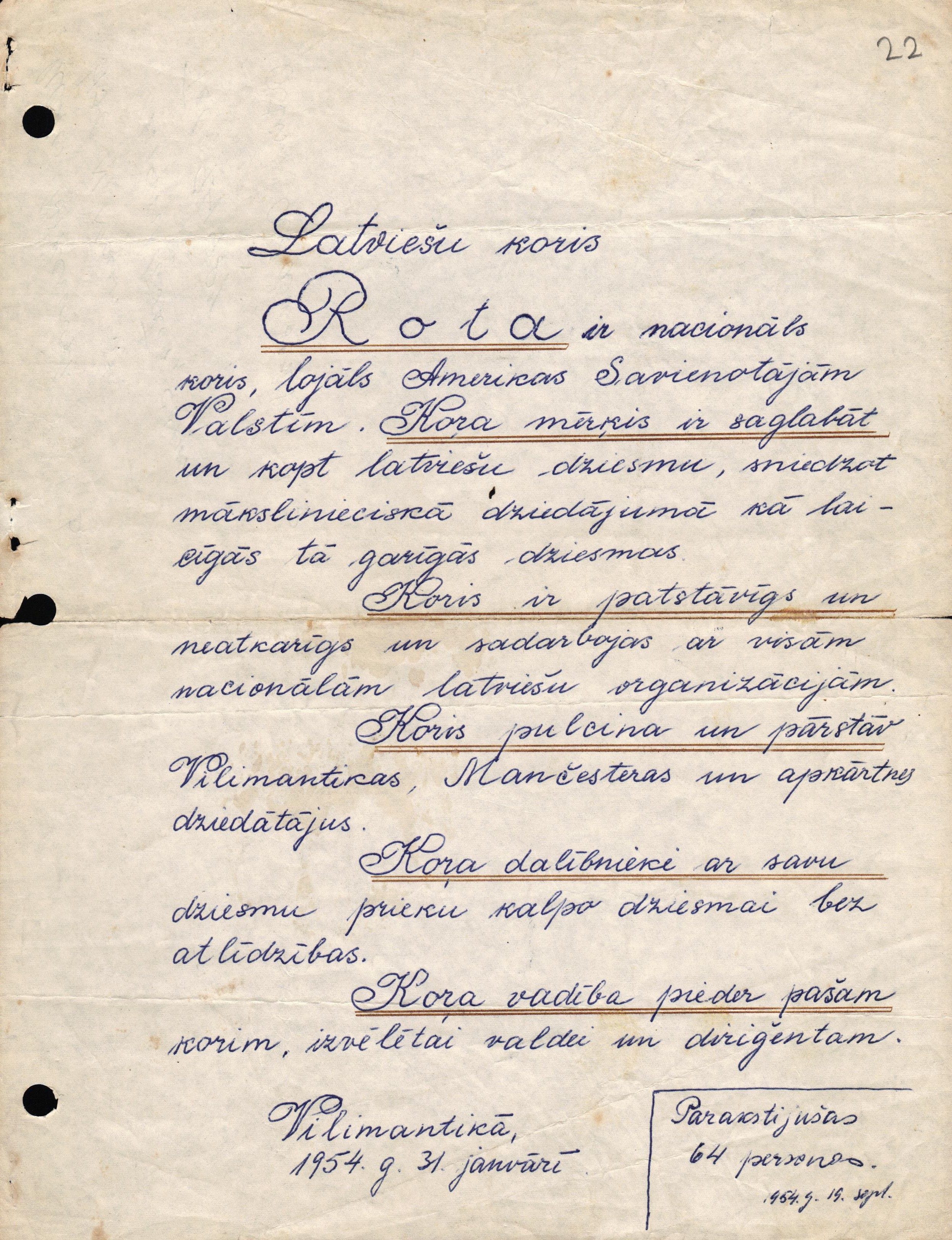 Konektikutas latviešu kora "Rota" statūti. 1954. gada 31. janvāris. Šajā laikā pieņemts arī jaunais kora nosaukums.