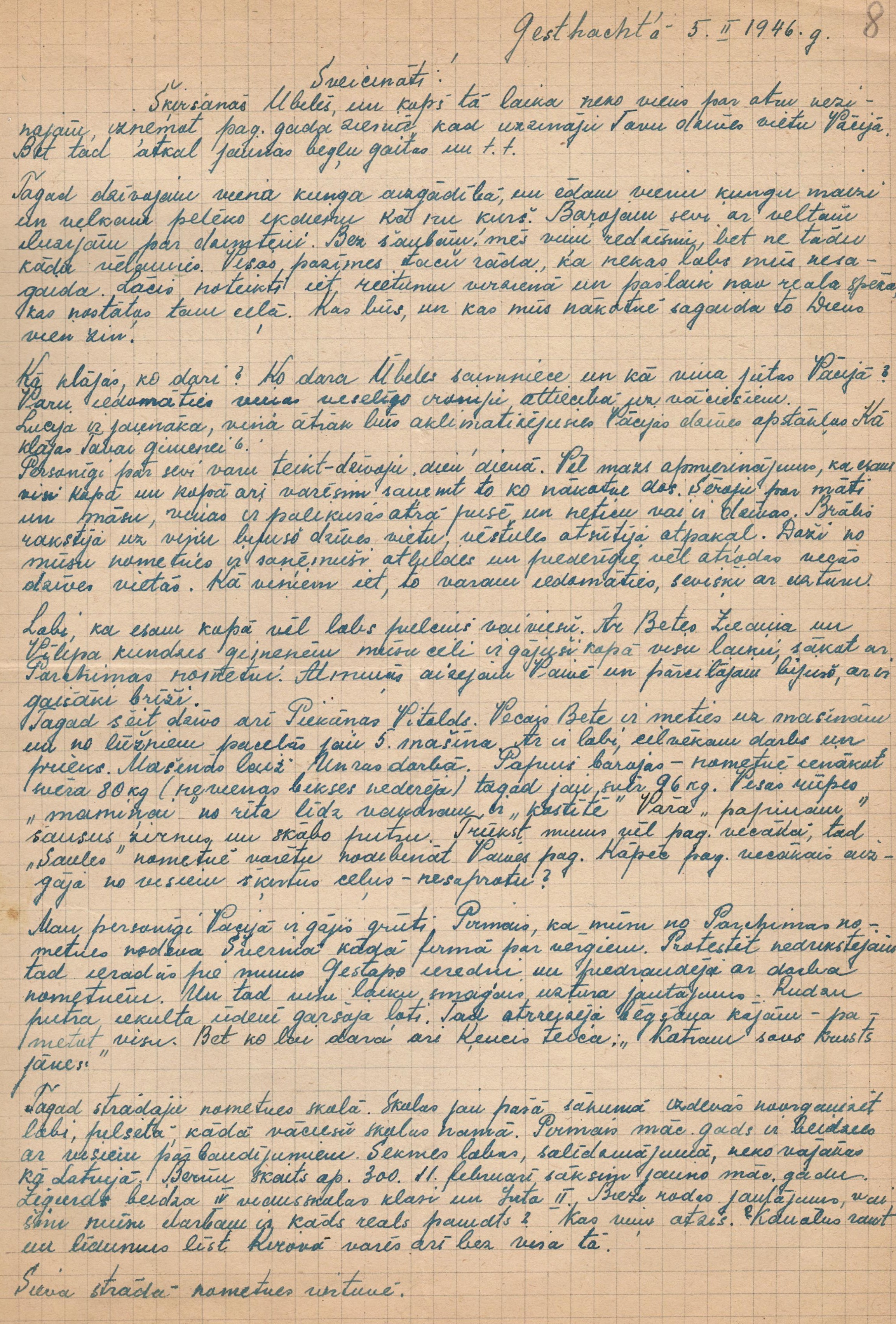 Arnoldam Kalnājam adresēta un kāda novadnieka nosūtīta vēstule no bēgļu nometnes Gēstahtā, Vācijā. 1946.gada 5. februārī.