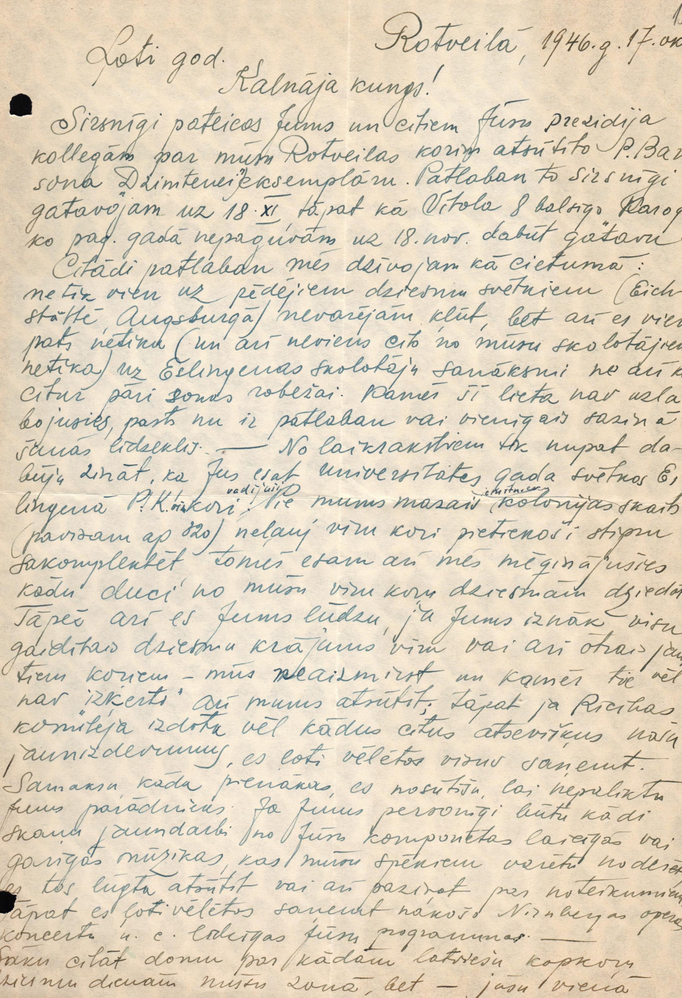 Arnoldam Kalnājam adresēta un nosūtīta vēstule no bēgļu nometnes Rotveilā, Vācijā. 1946. gada 17. oktobrī.