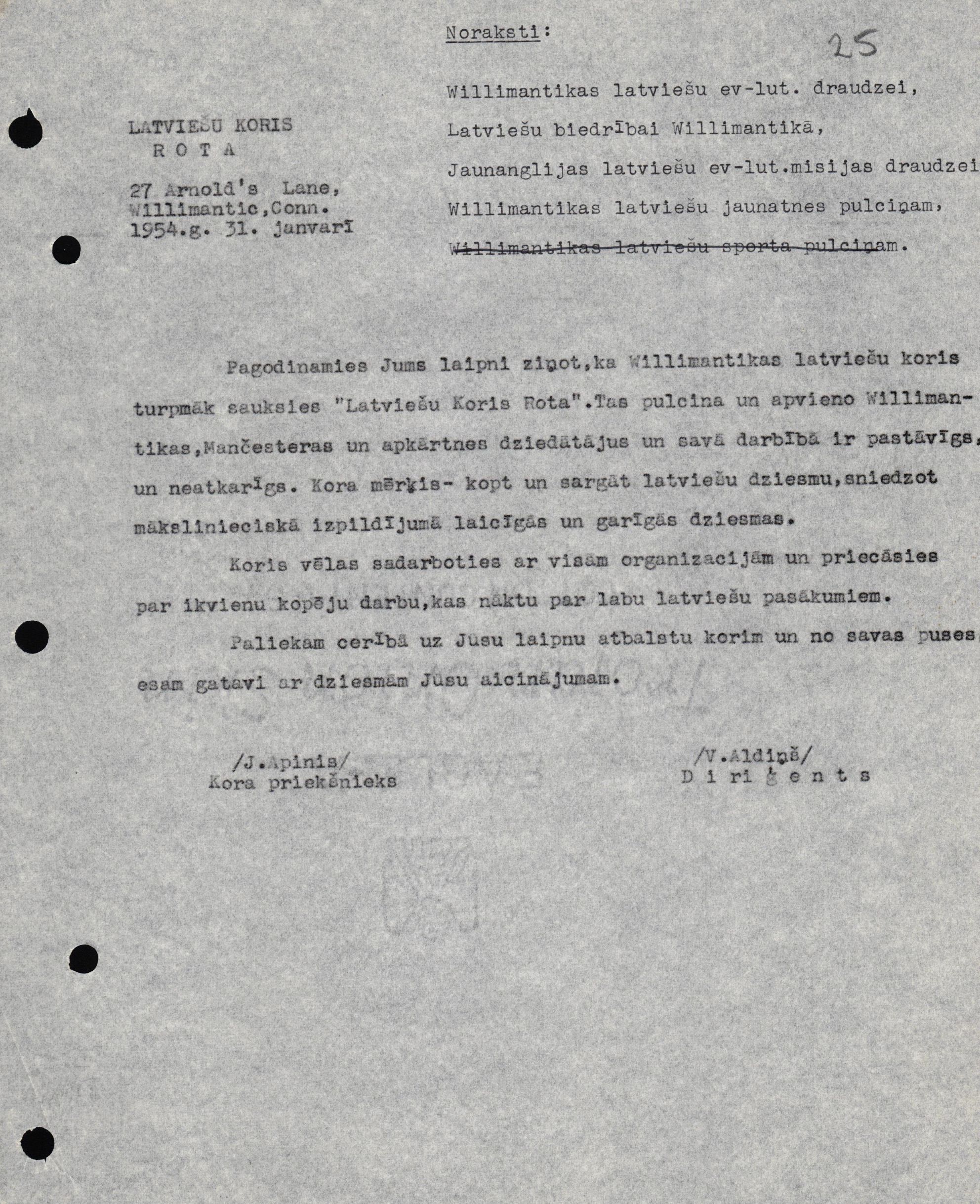 Konektikutas latviešu kora "Rota" vadītāja Jēkaba Apiņa un diriģenta Valda Aldiņa paziņojums par kora nosaukuma maiņu. 1954. gada 31. janvāris.
