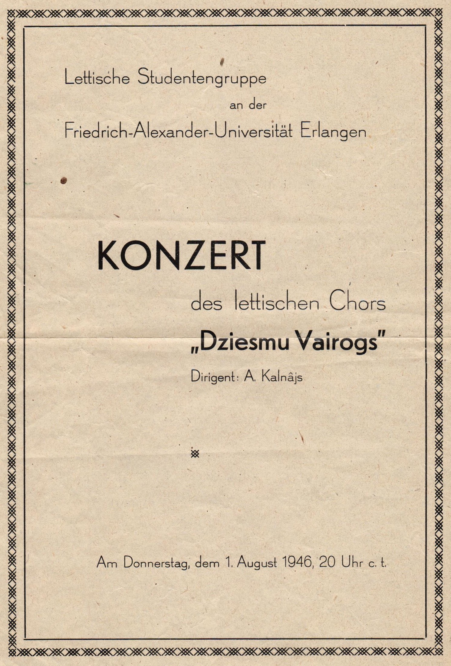 Programma kora "Dziesmu Vairogs" koncertam Frīdriha Aleksandra Erlangenas - Nirnbergas Universitātē, Vācijā 1946. gada 1. augustā.