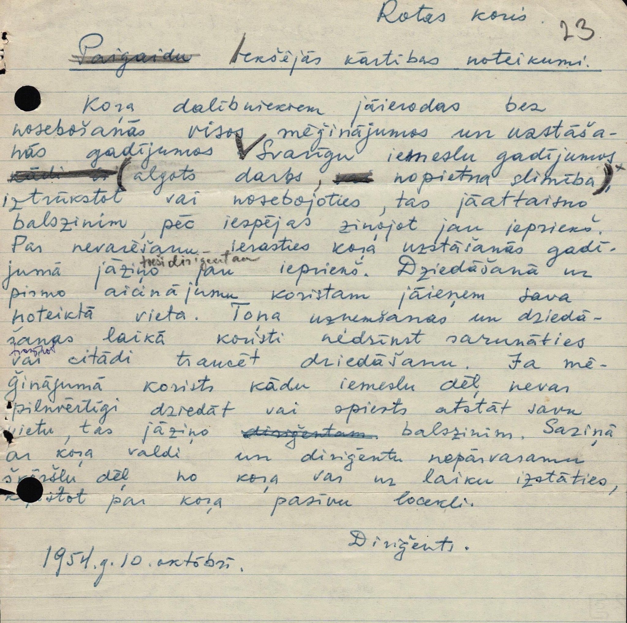 Konektikutas latviešu kora "Rota" iekšējās kārtības noteikumi. 1954. gada 10. oktobris.
