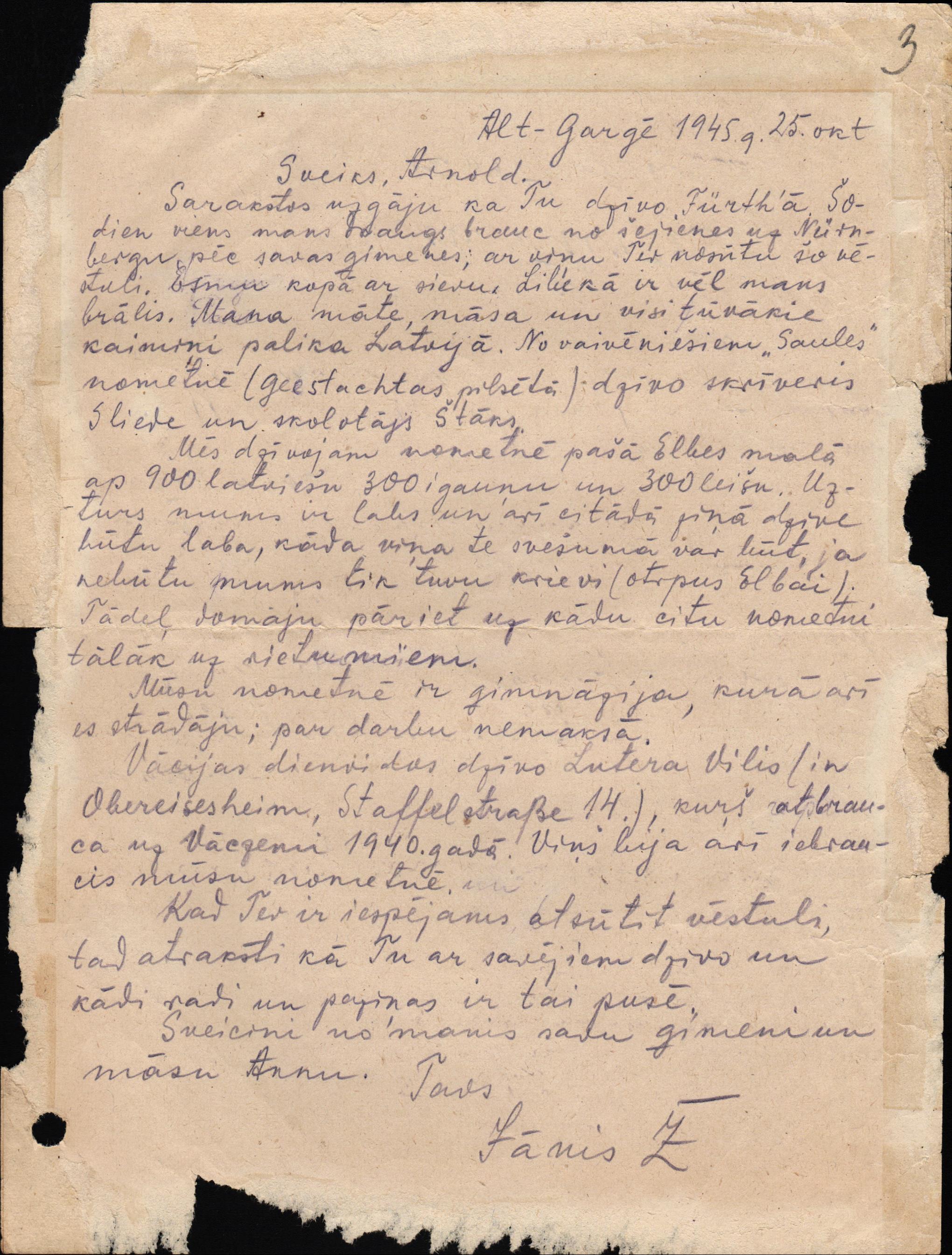 Arnoldam Kalnājam adresēta un nosūtīta vēstule no bēgļu nometnes Altgargē, Vācijā. 1945. gada 25. oktobrī.
