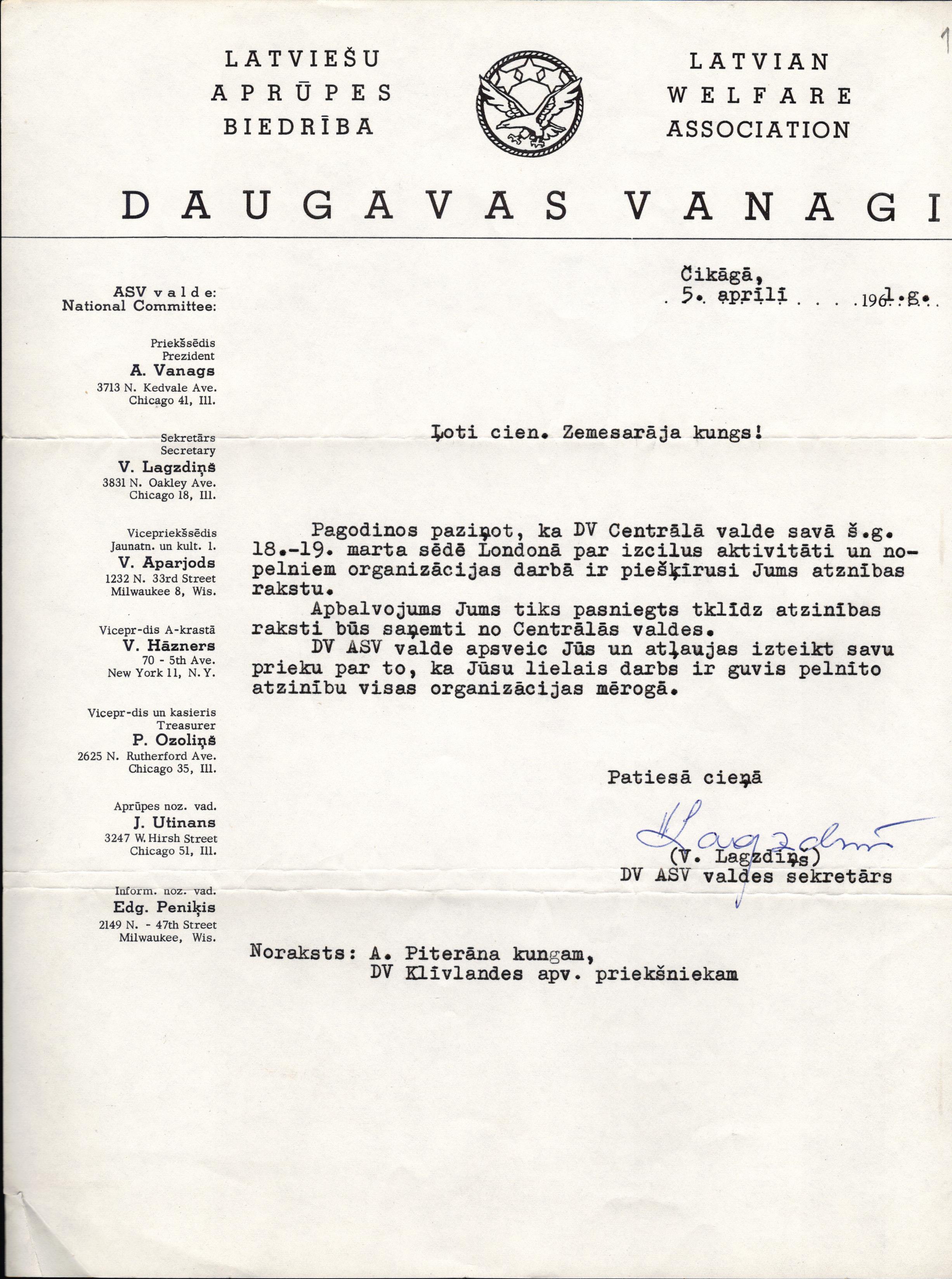 "Daugavas Vanagi" Centrālās valdes vēstule Viktoram Zemesarājam, par viņam piešķirto Atzinības rakstu. 1961.gada 5. aprīlī.